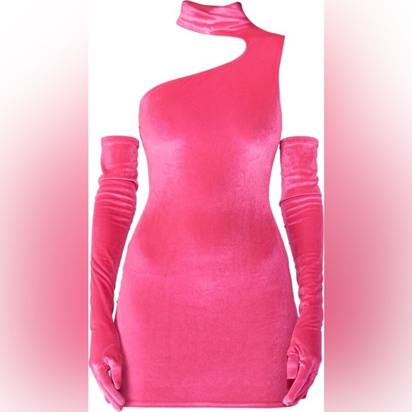 New! Revolve x Miscreants Bodycon Hot Pink Velvet Mini Dress w/ Opera Gloves💖 XS - Picture 3 of 10